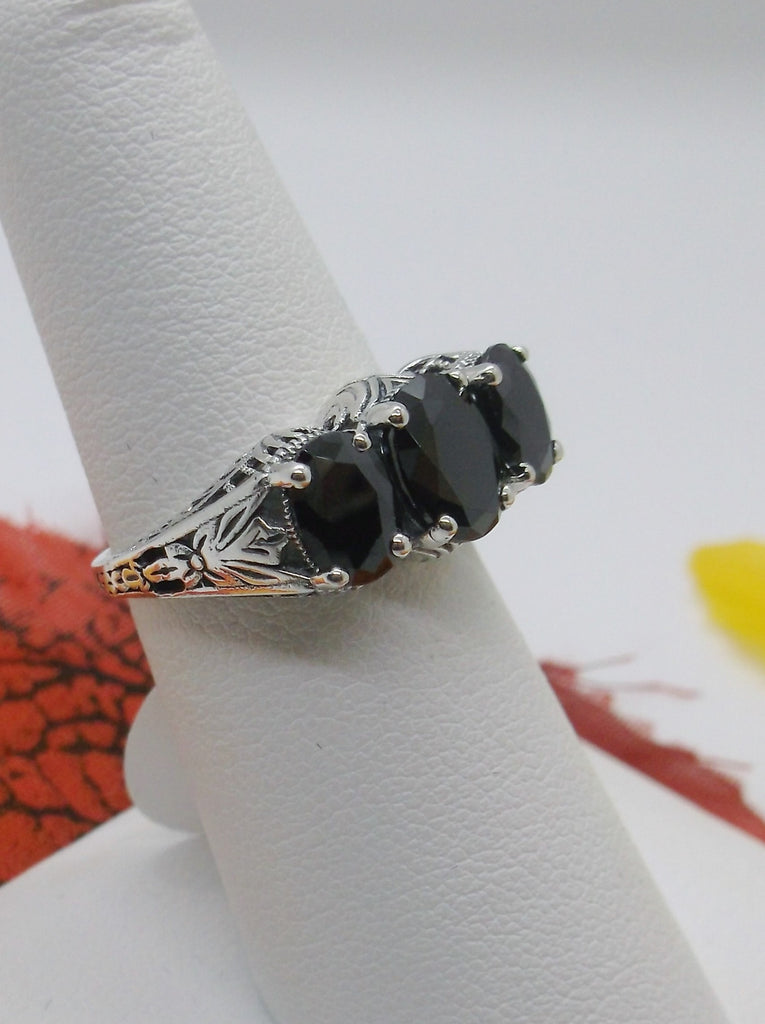 Black Cubic Zirconia (CZ) Trinity 3 stone Ring, Sterling silver filigree, antique jewelry, silver embrace Jewelry, D41