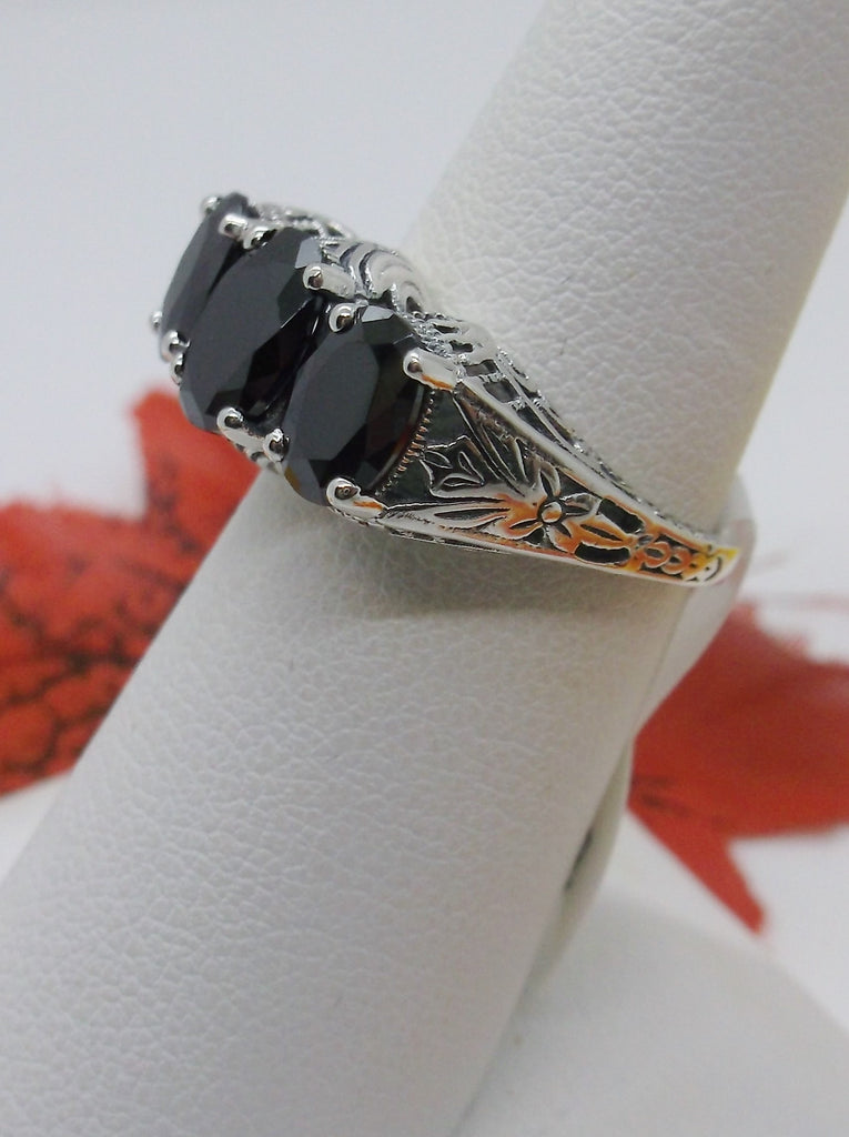 Black Cubic Zirconia (CZ) Trinity 3 stone Ring, Sterling silver filigree, antique jewelry, silver embrace Jewelry, D41