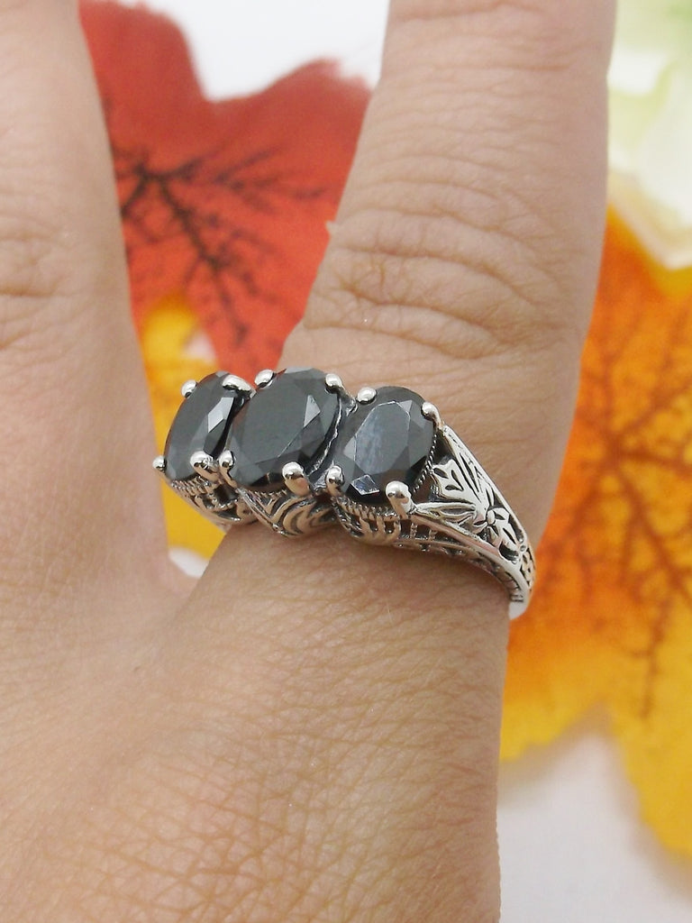 Black Cubic Zirconia (CZ) Trinity 3 stone Ring, Sterling silver filigree, antique jewelry, silver embrace Jewelry, D41
