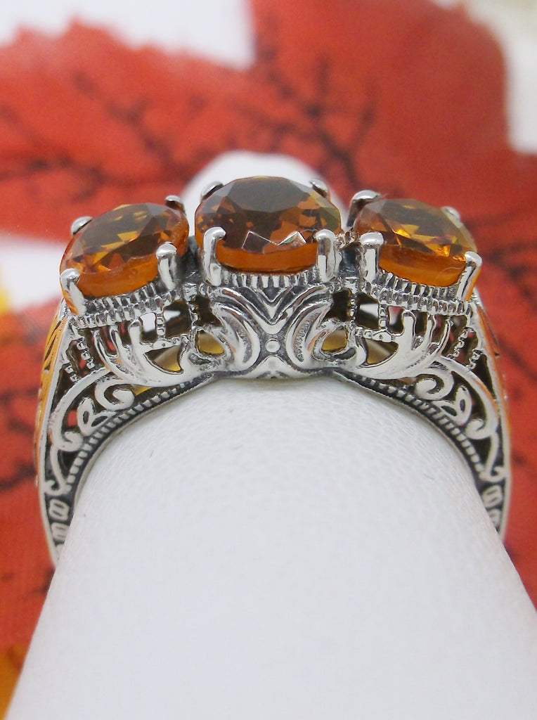 Cognac-Orange Citrine Trinity 3 stone Ring, Sterling silver filigree, antique jewelry, silver embrace Jewelry, D41