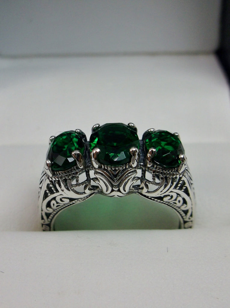 Simulated Green Emerald Trinity 3 stone Ring, Sterling silver filigree, antique jewelry, silver embrace Jewelry, D41