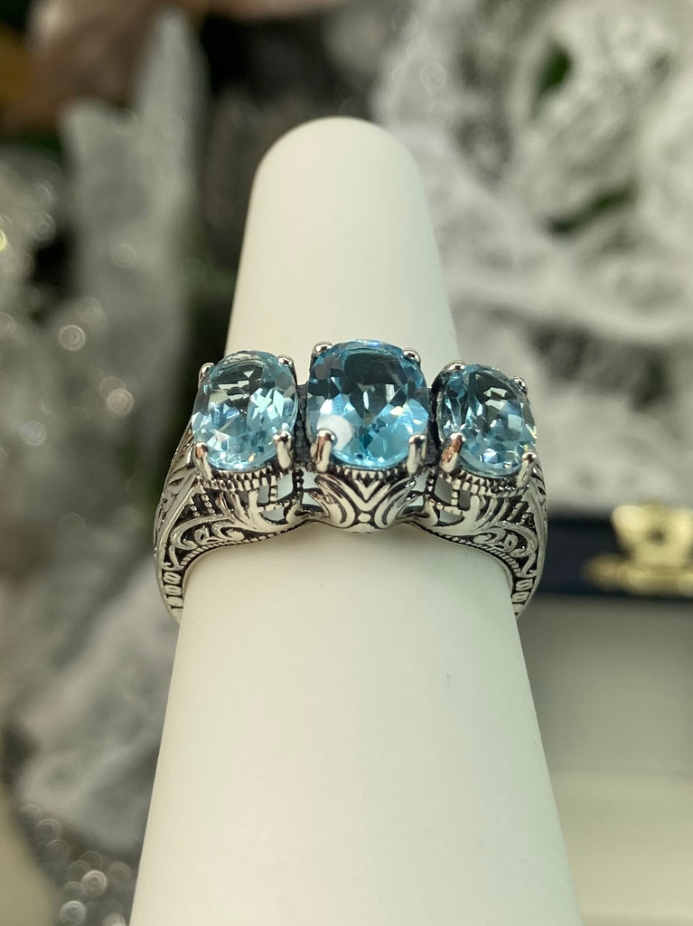 Natural Blue Topaz Trinity 3 stone Ring, Sterling silver filigree, antique jewelry, silver embrace Jewelry, D41
