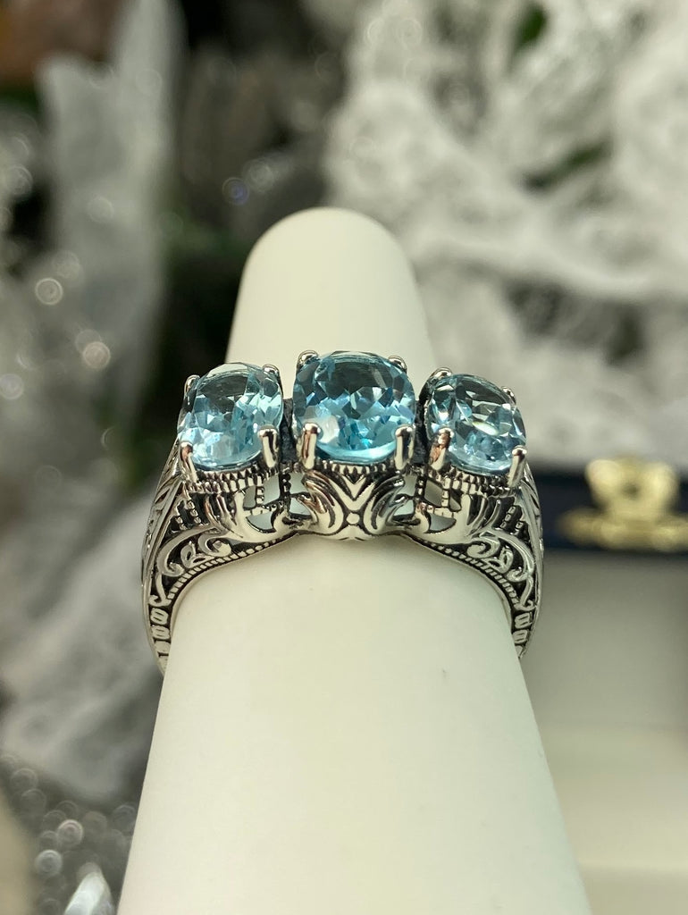 Natural Blue Topaz Trinity 3 stone Ring, Sterling silver filigree, antique jewelry, silver embrace Jewelry, D41