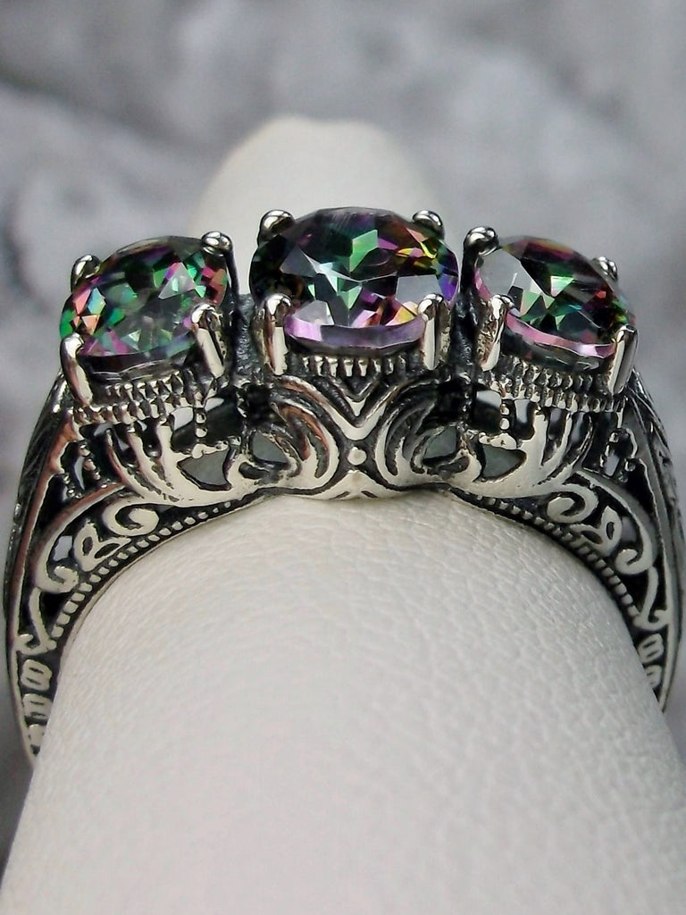 natural Mystic Topaz Trinity 3 stone Ring, Sterling silver filigree, antique jewelry, silver embrace Jewelry, D41