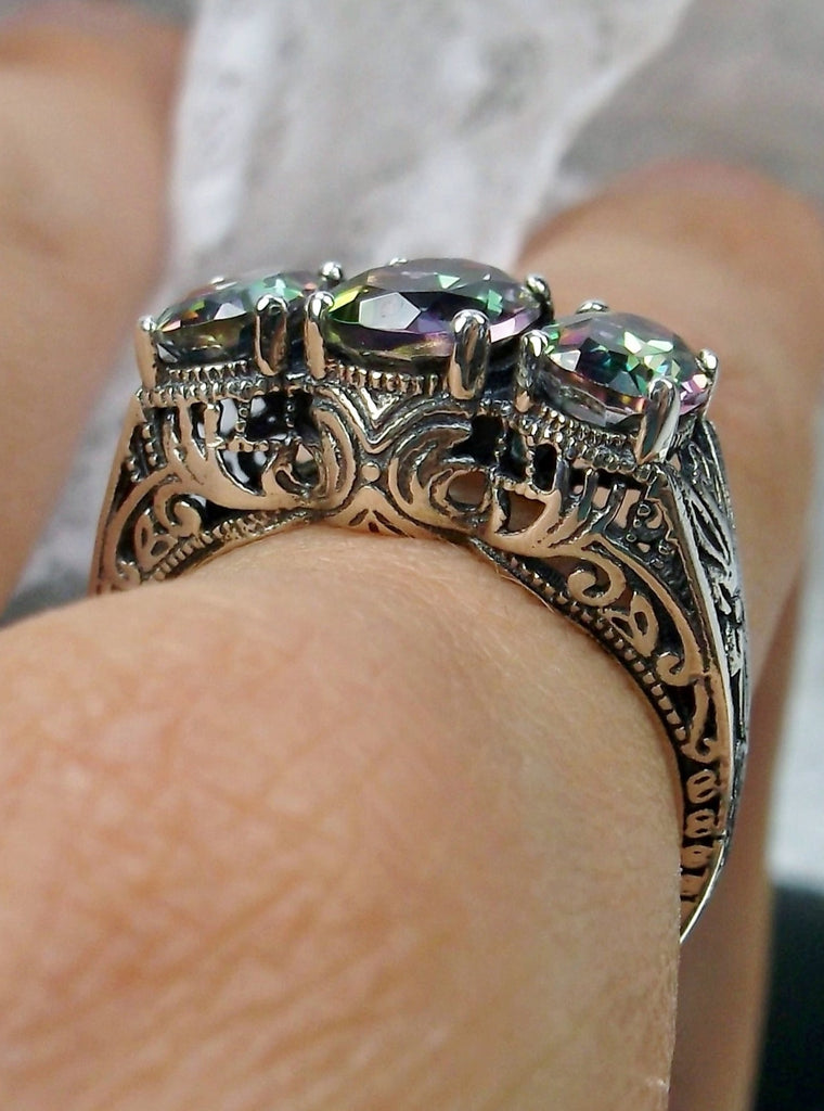 Natural Mystic Topaz Trinity 3 stone Ring, Sterling silver filigree, antique jewelry, silver embrace Jewelry, D41