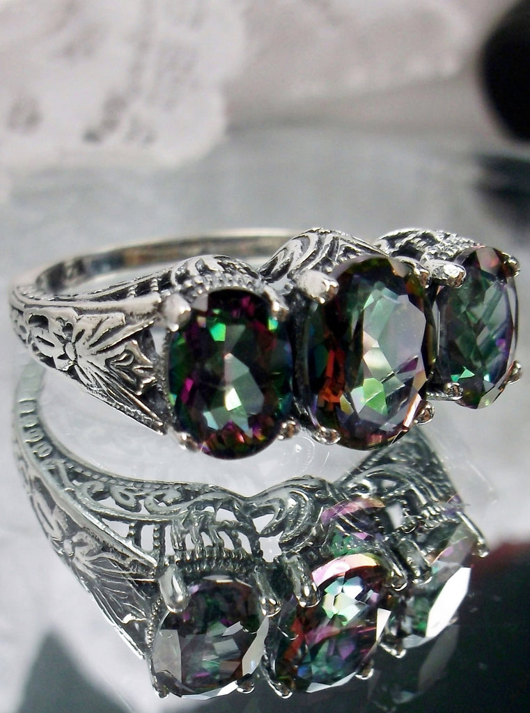 natural Mystic Topaz Trinity 3 stone Ring, Sterling silver filigree, antique jewelry, silver embrace Jewelry, D41