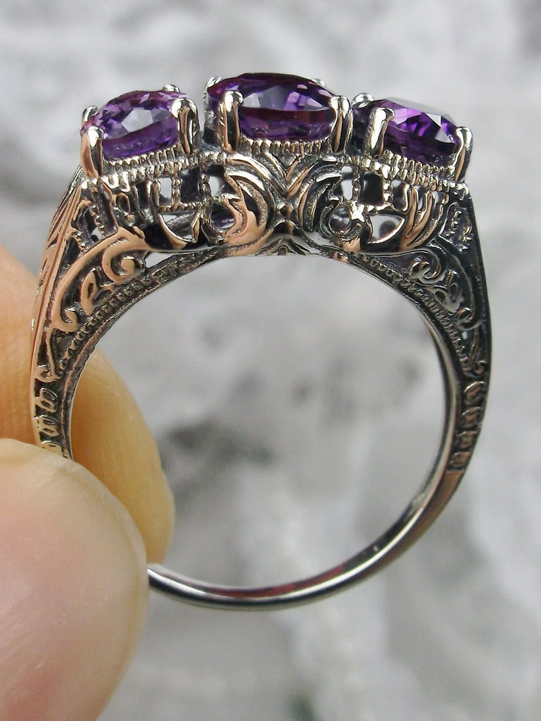 Natural Purple Amethyst Trinity 3 stone Ring, Sterling silver filigree, antique jewelry, silver embrace Jewelry, D41