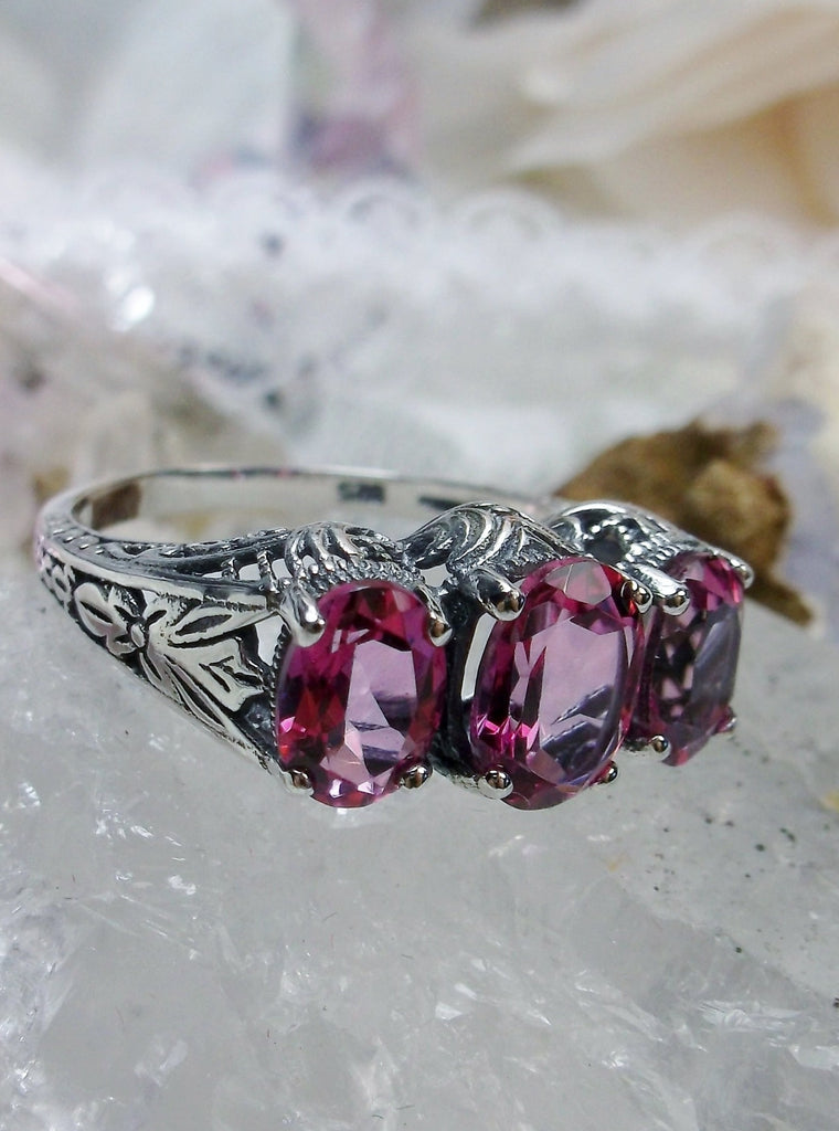 Natural Pink Topaz Trinity 3 stone Ring, Sterling silver filigree, antique jewelry, silver embrace Jewelry, D41