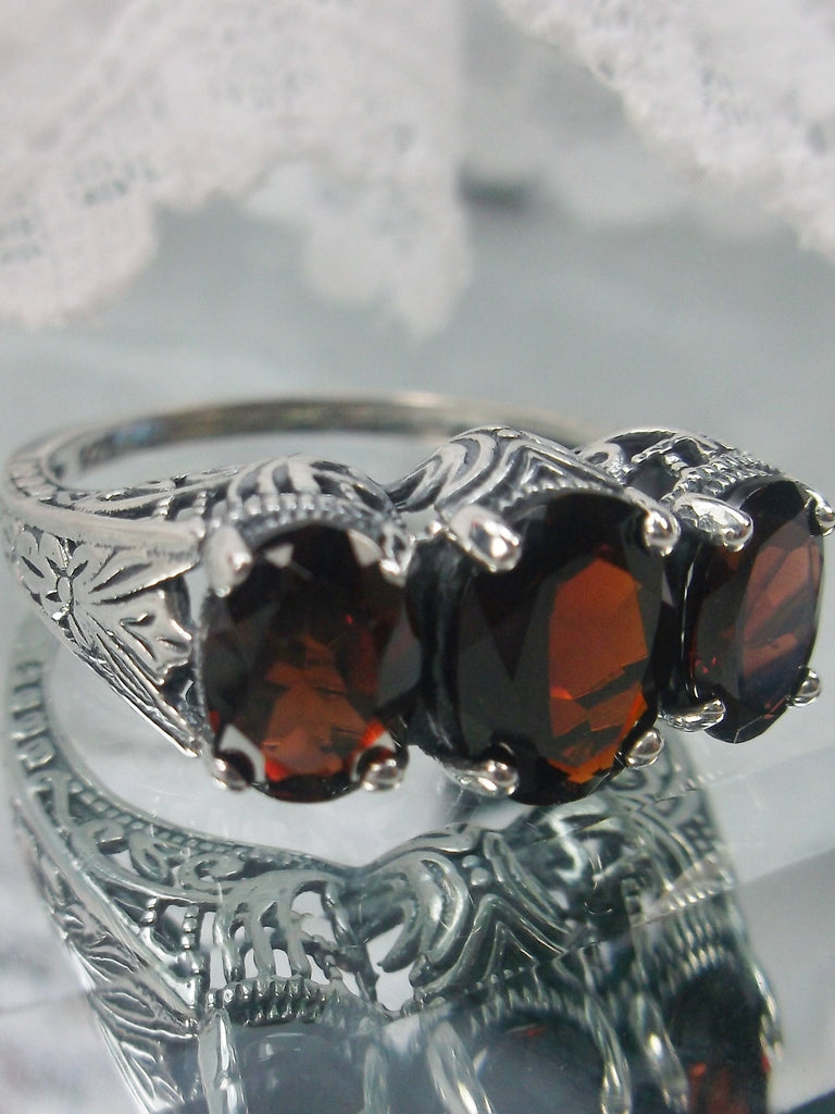 Natural Red Garnet Trinity 3 stone Ring, Sterling silver filigree, antique jewelry, silver embrace Jewelry, D41