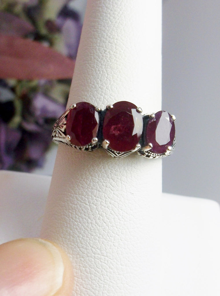Natural Red Ruby Trinity 3 stone Ring, Sterling silver filigree, antique jewelry, silver embrace Jewelry, D41