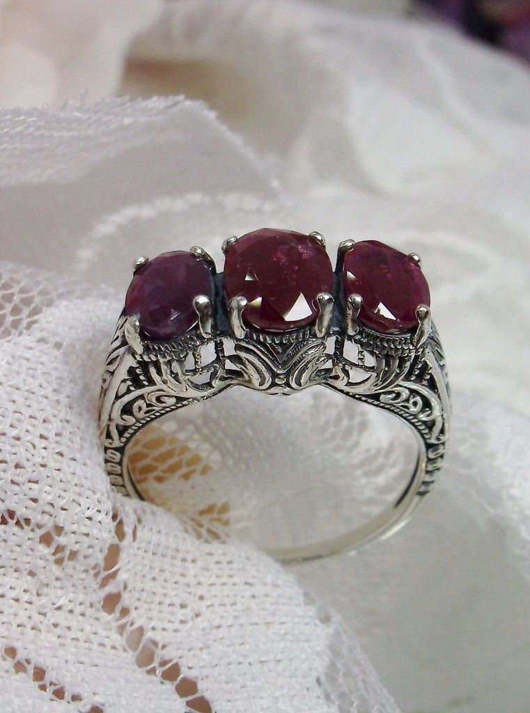 Natural Red Ruby Trinity 3 stone Ring, Sterling silver filigree, antique jewelry, silver embrace Jewelry, D41