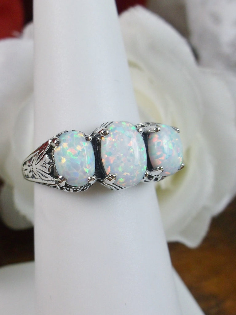 Three stone sterling silver cocktail ring with 3 (three) rainbow opals, sterling silver filigree Art Deco Jewelry, Silver Embrace Jewelry