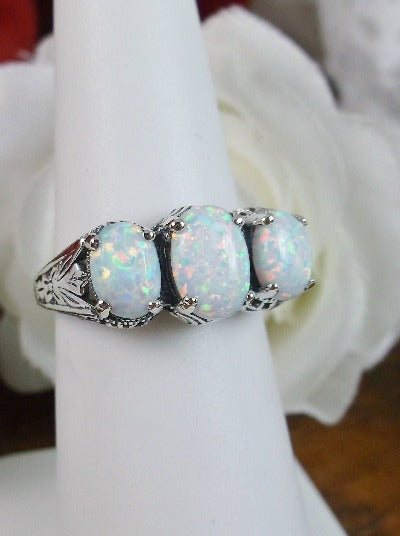Opal Trinity 3 stone Ring, Sterling silver filigree, antique jewelry, silver embrace Jewelry, D41