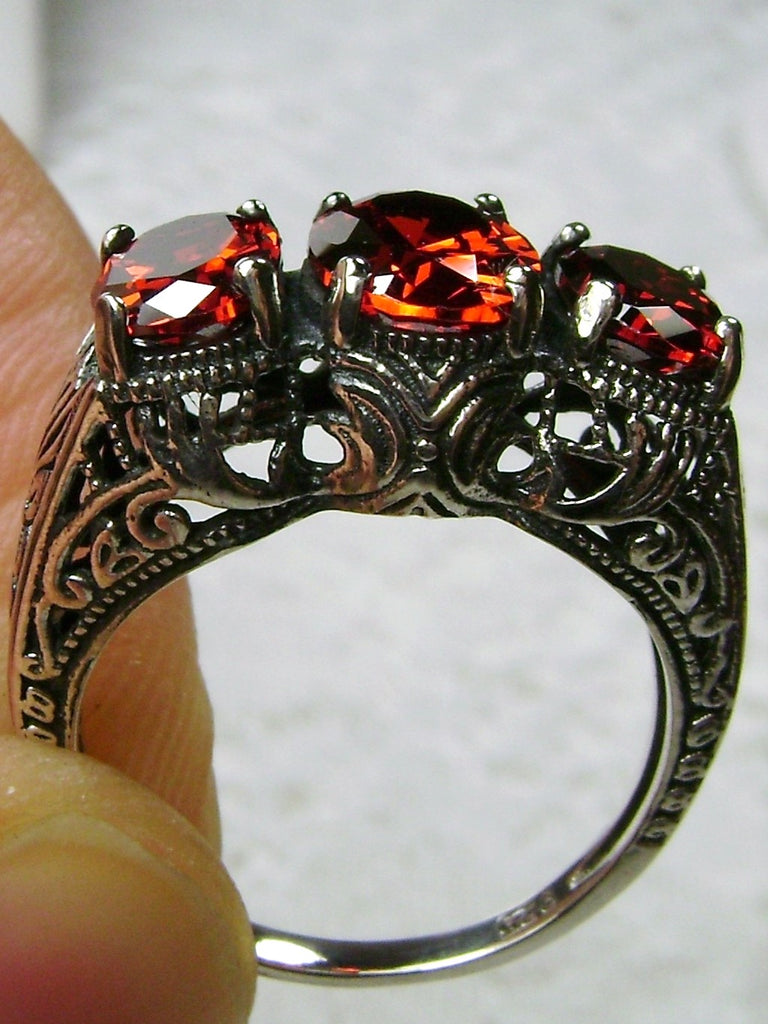 Red Garnet CZ Trinity 3 stone Ring, Sterling silver filigree, antique jewelry, silver embrace Jewelry, D41