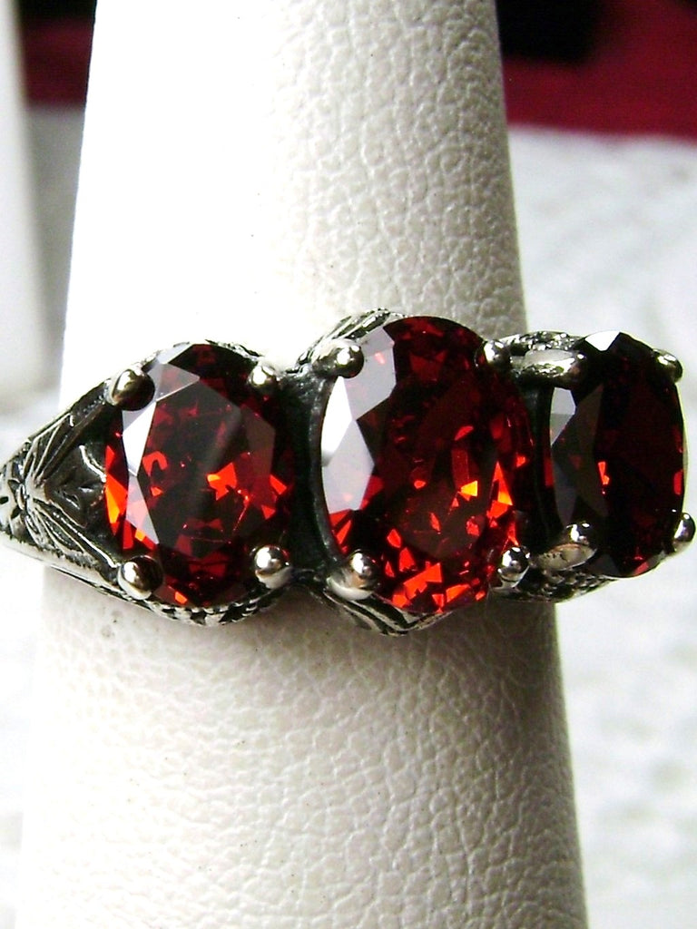 Red Garnet CZ Trinity 3 stone Ring, Sterling silver filigree, antique jewelry, silver embrace Jewelry, D41