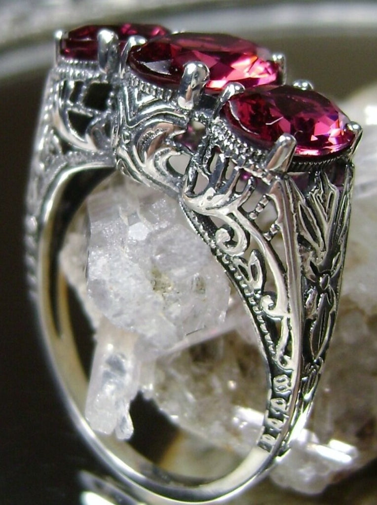 Simulated Red Ruby Trinity 3 stone Ring, Sterling silver filigree, antique jewelry, silver embrace Jewelry, D41