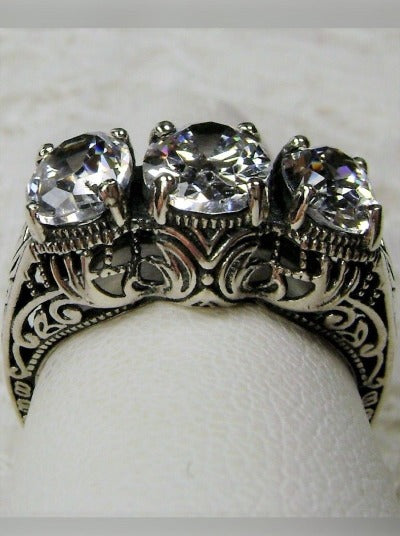 White Cubic Zirconia (CZ) Trinity 3 stone Ring, Sterling silver filigree, antique jewelry, silver embrace Jewelry, D41