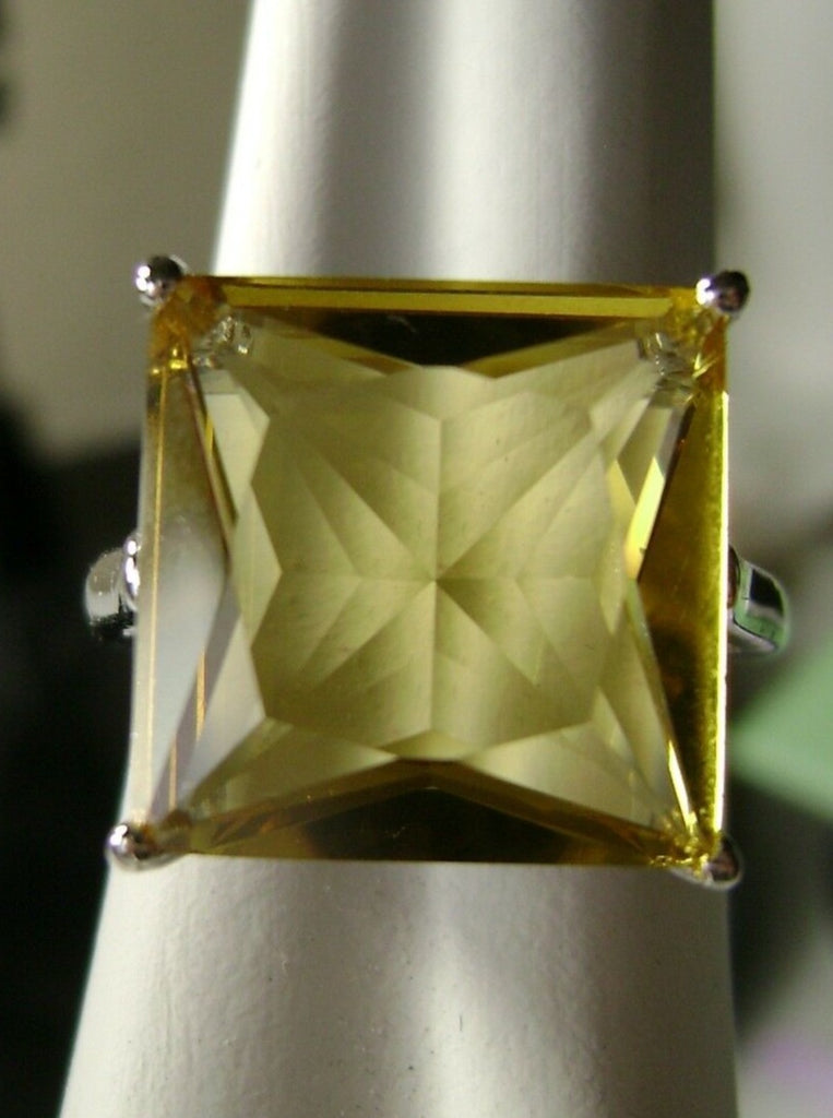 Lemon Yellow Citrine Square Ring, Art Deco Ring, Big Square Gem, Vintage Sterling silver Jewelry, Silver Embrace Jewelry D45