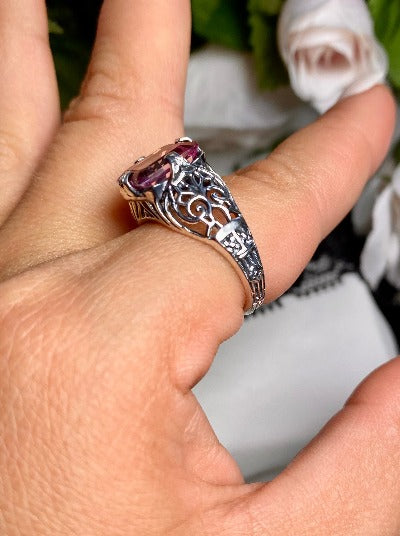 Natural Pink Topaz Ring, 4 carat rectangle gemstone, Victorian prong Ring, Sterling Silver Filigree, Silver Embrace Jewelry, Flat Prong Vic,D46