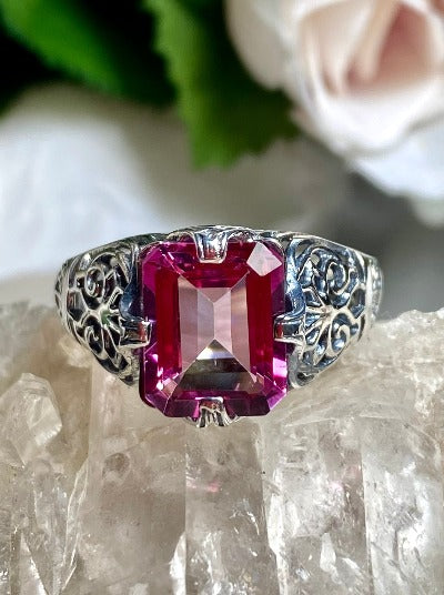 Natural Pink Topaz Ring, 4 carat rectangle gemstone, Victorian prong Ring, Sterling Silver Filigree, Silver Embrace Jewelry, Flat Prong Vic,D46