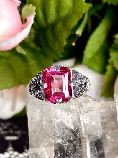 Natural Pink Topaz Ring, 4 carat rectangle gemstone, Victorian prong Ring, Sterling Silver Filigree, Silver Embrace Jewelry, Flat Prong Vic,D46