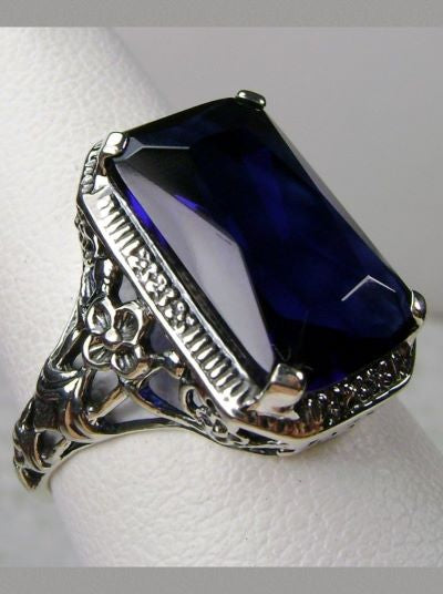Blue Sapphire Ring, Rectangle Cushion Cut gemstone, Sterling Silver Filigree, Victorian Vintage Floral Jewelry, Silver Embrace Jewelry, D64