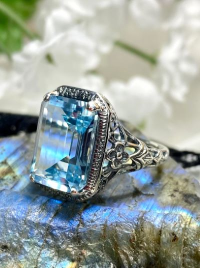 Natural Blue Topaz Ring, Rectangle Cushion Cut gemstone, Sterling Silver Filigree, Victorian Vintage Floral Jewelry, Silver Embrace Jewelry, D64