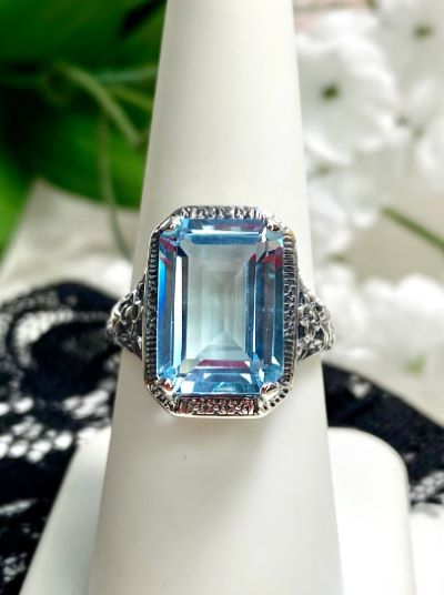 Natural Blue Topaz Ring, Rectangle Cushion Cut gemstone, Sterling Silver Filigree, Victorian Vintage Floral Jewelry, Silver Embrace Jewelry, D64