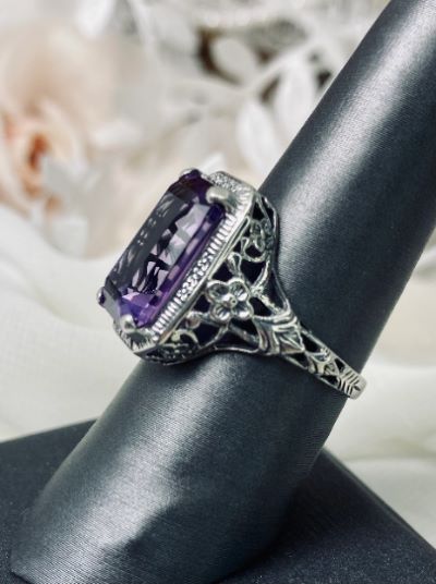 Natural Purple Amethyst Ring, Rectangle Cushion Cut gemstone, Sterling Silver Filigree, Victorian Vintage Floral Jewelry, Silver Embrace Jewelry, D64