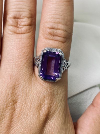 Natural Purple Amethyst Ring, Rectangle Cushion Cut gemstone, Sterling Silver Filigree, Victorian Vintage Floral Jewelry, Silver Embrace Jewelry, D64