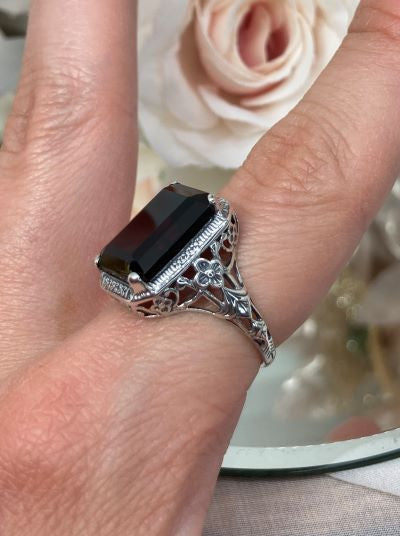 Natural Red Garnet Ring, Rectangle Cushion Cut gemstone, Sterling Silver Filigree, Victorian Vintage Floral Jewelry, Silver Embrace Jewelry, D64