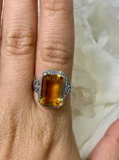 Natural Yellow Citrine Ring, Rectangle Cushion Cut gemstone, Sterling Silver Filigree, Victorian Vintage Floral Jewelry, Silver Embrace Jewelry, D64