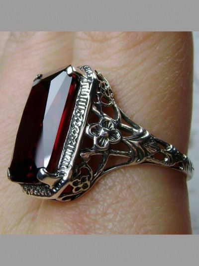Red Garnet Cubic Zirconia (CZ) Ring, Rectangle Cushion Cut gemstone, Sterling Silver Filigree, Victorian Vintage Floral Jewelry, Silver Embrace Jewelry, D64