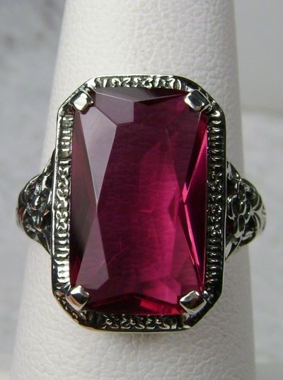 Simulated Red Ruby Ring, Rectangle Cushion Cut gemstone, Sterling Silver Filigree, Victorian Vintage Floral Jewelry, Silver Embrace Jewelry, D64