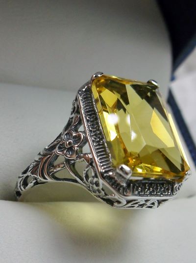 Simulated Yellow Citrine Ring, Rectangle Cushion Cut gemstone, Sterling Silver Filigree, Victorian Vintage Floral Jewelry, Silver Embrace Jewelry, D64