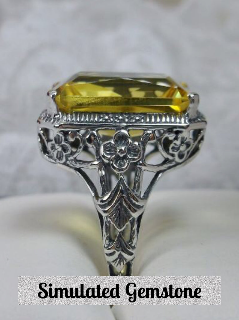 Simulated Yellow Citrine Ring, Rectangle Cushion Cut gemstone, Sterling Silver Filigree, Victorian Vintage Floral Jewelry, Silver Embrace Jewelry, D64