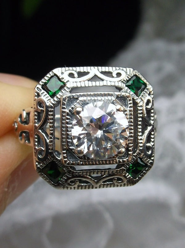 White CZ & Emerald Art Deco Ring, Octagonal Sterling silver filigree, 5 gems, Silver Embrace jewelry, Vintage Ring, D68
