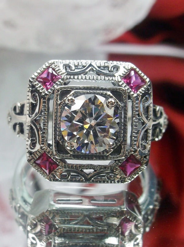 White CZ & Red Ruby Art Deco Ring, Octagonal Sterling silver filigree, 5 gems, Silver Embrace jewelry, Vintage Ring, D68