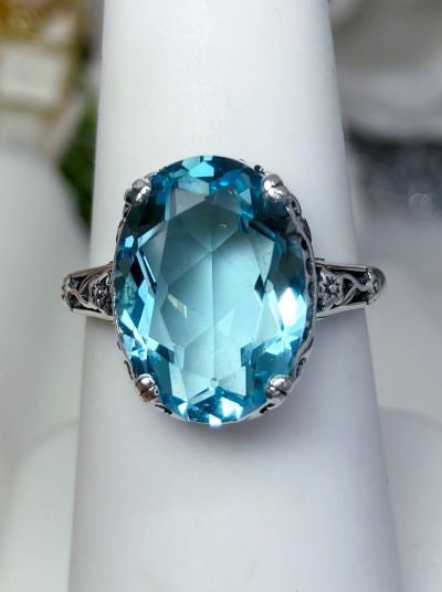 Aquamarine (SKY BLUE) Edward Ring, Oval Gem, 14mmx10mm, Sterling Silver Filigree, Edwardian Vintage Jewelry, Silver Embrace Jewelry, Design D70