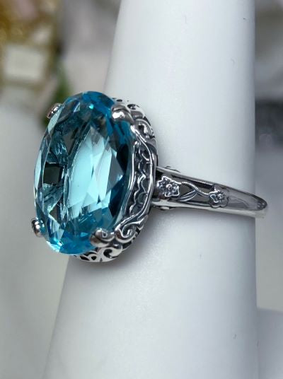 Aquamarine (sky blue) Edward Ring, Oval Gem, 14mmx10mm, Sterling Silver Filigree, Edwardian Vintage Jewelry, Silver Embrace Jewelry, Design D70