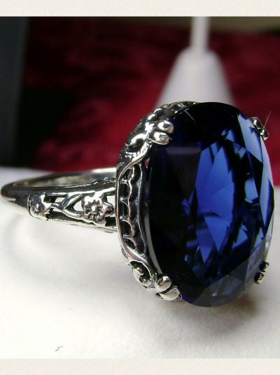 Blue Sapphire Edward Ring, Oval Gem, 14mmx10mm, Sterling Silver Filigree, Edwardian Vintage Jewelry, Silver Embrace Jewelry, Design D70