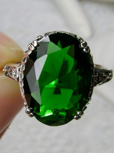 Green Emerald Edward Ring, Oval Gem, 14mmx10mm, Sterling Silver Filigree, Edwardian Vintage Jewelry, Silver Embrace Jewelry, Design D70