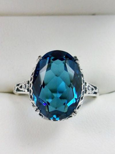 London Blue topaz Edward Ring, Oval Gem, 14mmx10mm, Sterling Silver Filigree, Edwardian Vintage Jewelry, Silver Embrace Jewelry, Design D70