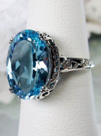 Natural Blue Topaz Edward Ring, Oval Gem, 14mmx10mm, Sterling Silver Filigree, Edwardian Vintage Jewelry, Silver Embrace Jewelry, Design D70
