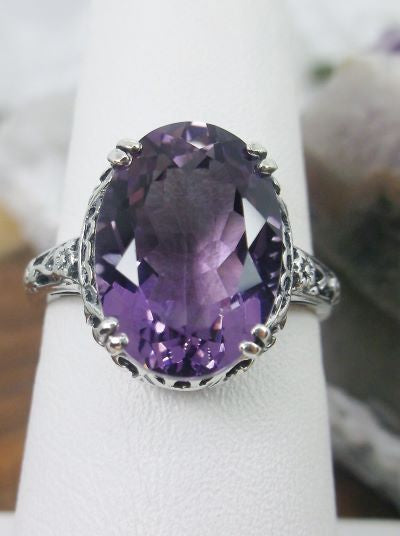 Natural Purple Amethyst Edward Ring, Oval Gem, 14mmx10mm, Sterling Silver Filigree, Edwardian Vintage Jewelry, Silver Embrace Jewelry, Design D70