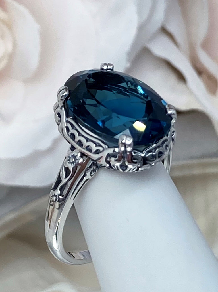 Natural London Blue Topaz Ring, Natural Topaz, sterling silver filigree, Edwardian Jewelry, Silver Embrace Jewelry, #D70