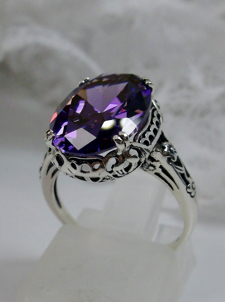 Purple Amethyst Cubic Zirconia (CZ) ring, Sterling Silver floral Filigree, Edward design, Sterling Silver Jewelry, Edwardian Antique Style, Silver Embrace Jewelry #D70