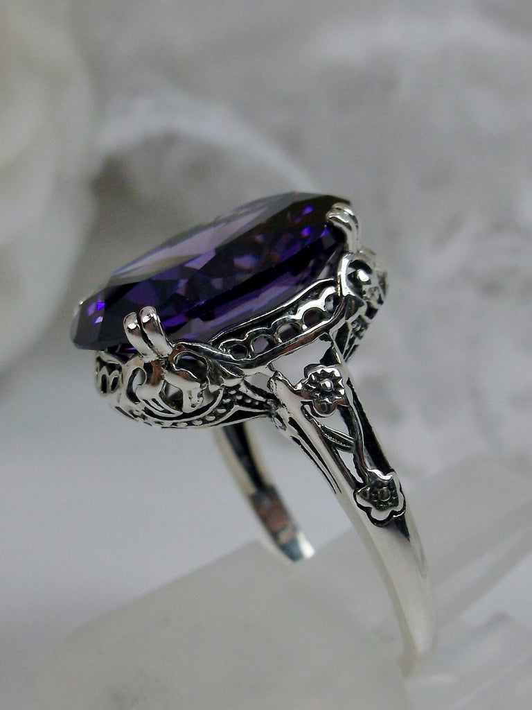 Purple Amethyst Cubic Zirconia (CZ) ring, Sterling Silver floral Filigree, Edward design, Sterling Silver Jewelry, Edwardian Antique Style, Silver Embrace Jewelry #D70