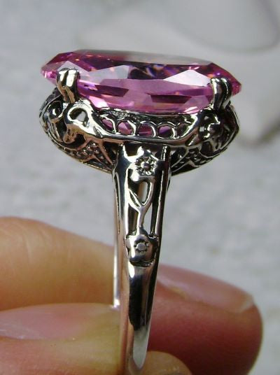 Pink Cubic Zirconia (CZ) Edward Ring, Oval Gem, 14mmx10mm, Sterling Silver Filigree, Edwardian Vintage Jewelry, Silver Embrace Jewelry, Design D70