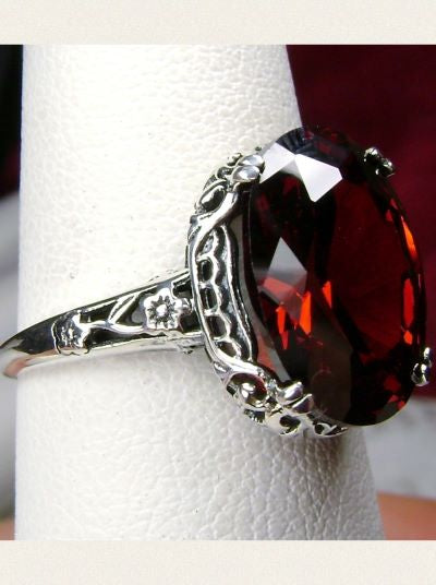 Red Garnet Cubic Zirconia (CZ) Edward Ring, Oval Gem, 14mmx10mm, Sterling Silver Filigree, Edwardian Vintage Jewelry, Silver Embrace Jewelry, Design D70
